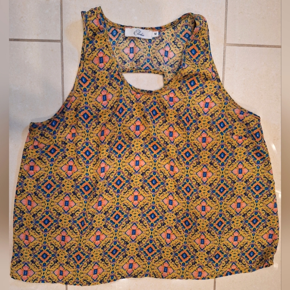 Boho abstract print tank top with back cutout - size medium - brown, pink, blue